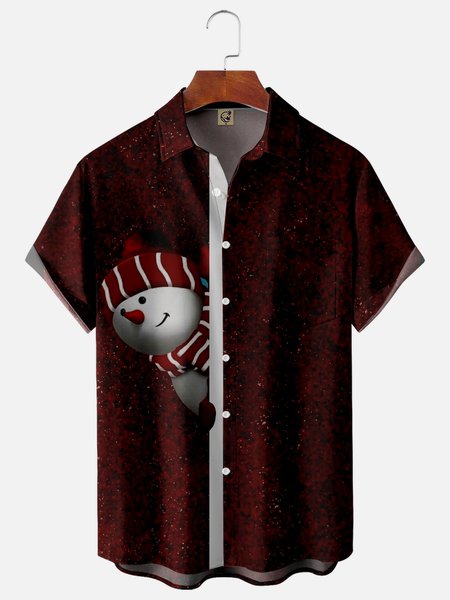 

Christmas Snowman Chest Pocket Short Sleeve Shirt, Red, Men Shirts