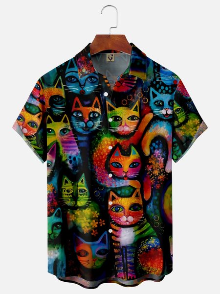

Cats Painting Chest Pocket Short Sleeve Casual Shirt, Black, Men Shirts