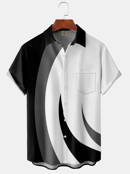

Geometric Contrast Chest Pocket Short Sleeve Shirt, Black, Men Shirts