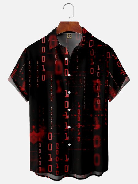 

3D Scientific Number Code Chest Pocket Short Sleeve Shirt, Black, Men Shirts