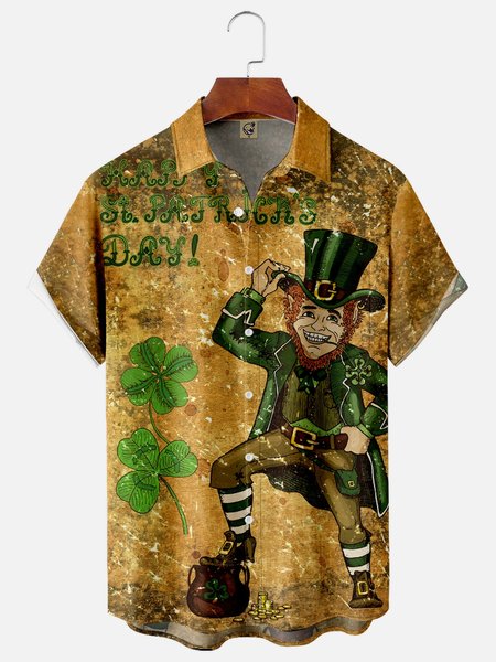 

St. Patrick's Day Chest Pocket Short Sleeve Casual Shirt, Yellow, Men Shirts