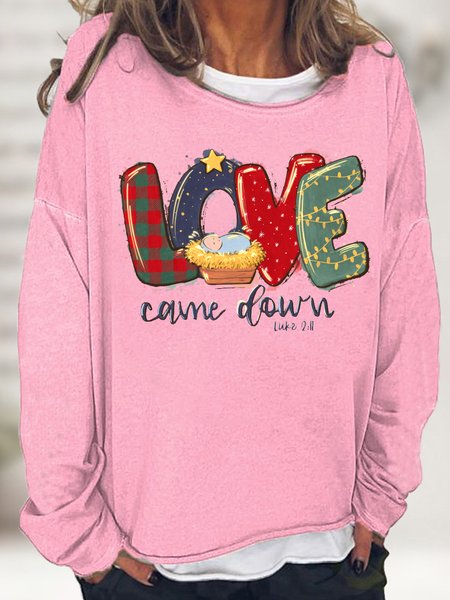 Women's Love Came Down Luke 2:11 Funny Graphic Print Loose Casual Sweatshirt, Pink, Hoodies&Sweatshirts
