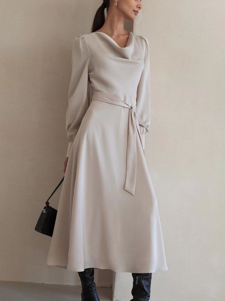 

Long sleeve Regular Fit Scoop Neck Elegant Plain Party Dress, Apricot, Maxi Dresses