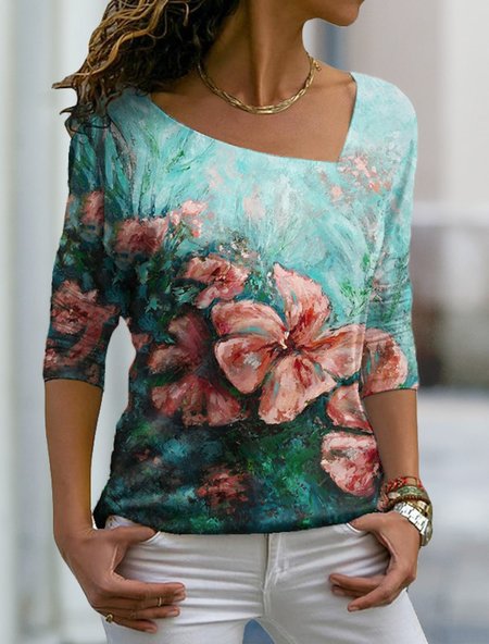 

Loose Floral Design Loose Long Sleeve T-Shirt, Green, T-Shirts