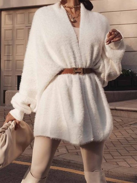 

Long sleeve Daily V neck Loose Plain Simple Sweater Coat, White, Cardigans