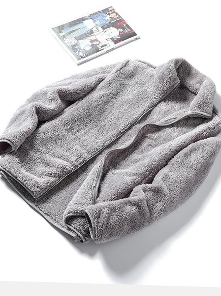 

Casual Fluff/Granular Fleece Fabric Plain Teddy Jacket, Gray, Outerwear