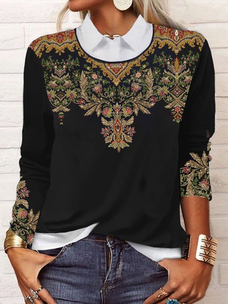 

Loose Casual Ethnic Printed Color Block Jersey Top, Black, Long sleeves