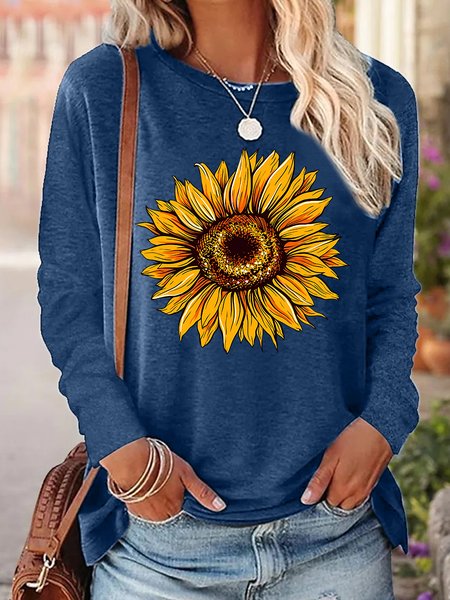 

Women Sunflower Crew Neck Simple Regular Fit Long Sleeve Top, Blue, Long sleeves