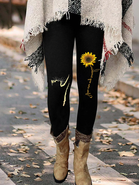 

Women's Funny Cat Sunflower Simple Regular Fit Leggings, Black, Leggings