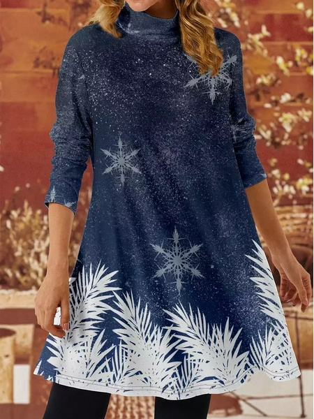 

Stand Collar Loose Casual Leaf Dress, Blue, Dresses