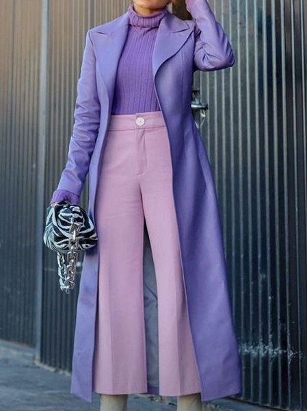 

Plain Pu Lapel Collar Simple Overcoat, Purple, Coats