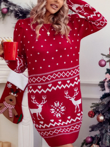 

Christmas Pattern Sweater Dress, White-red, Dresses