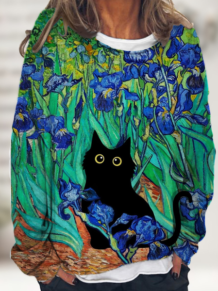 

Women's Flower Cat Crew Neck Cat Casual Off Shoulder Sleeve Sweatshirt, Green, Hoodies&Sweatshirts