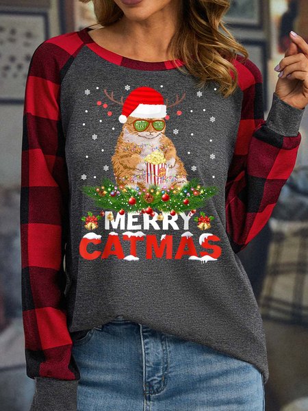 

Women’s Merry Catmas Cat Hat Christmas Casual Polyester Cotton Top, Gray, Long sleeves