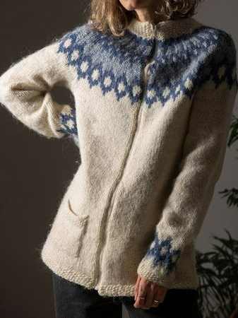 

Vintage Crew Neck Ethnic Sweater Coat, Light khaki, Cardigans