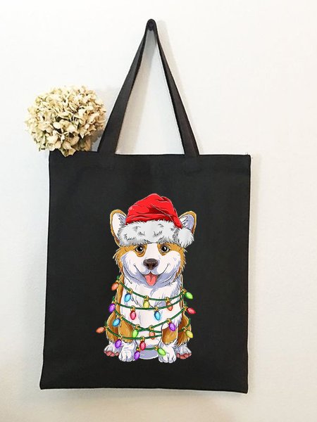 

Christmas Light Buble Dog Animal Graphi Casual Shopping Tote Bag, Black, Bags