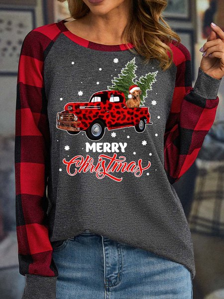 

Women’s Merry Christmas Tree Dog Hat Casual Polyester Cotton Christmas Crew Neck Top, Gray, Long sleeves