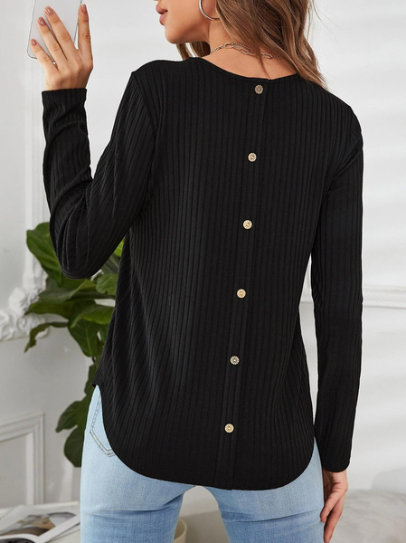 

Casual Buttoned Back Curved Hem Rib-knit Tee, Black, T-Shirts