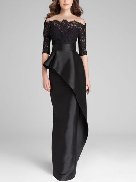 Three Quarter Regular Size Tight Elegant Party Dress, Black, Maxi Dresses