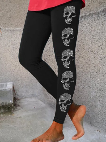 

Womens Skull Bling Print Casual Leggings, Black, Leggings