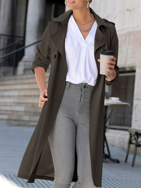 Casual Plain Trench Coat With Belt, Deep khaki, Outerwear