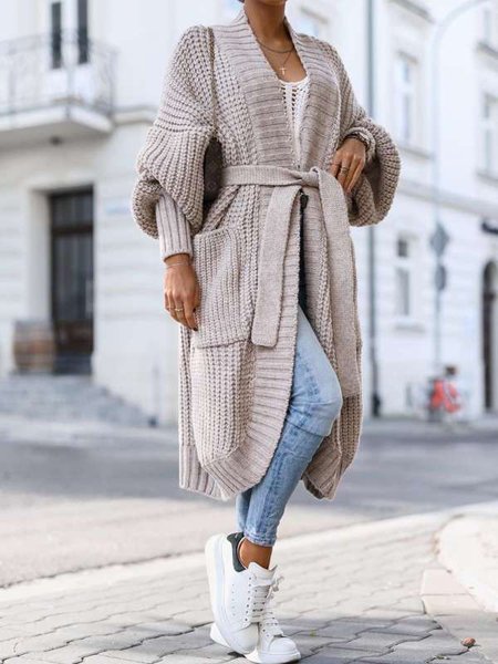 

Casual Wool/Knitting Plain Sweater Coat, Khaki, Cardigans