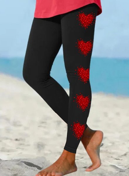 Women's Simple Regular Fit Heart Leggings, Black, Leggings