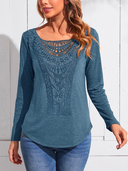

Crew Neck Loose Boho Top, Blue, Tops