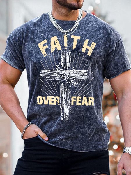 

Men's Faith Over Fear Graphics Print Casual Text Letters Loose T-Shirt, Blue, T-shirts