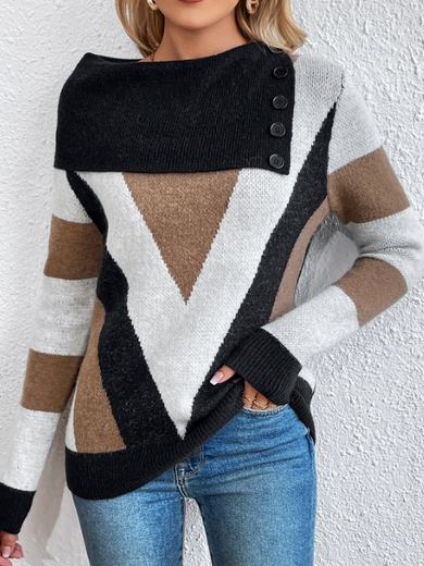 

Colorblock Buttoned Foldover Asymmetrical Neck Sweater, Multicolor, Sweaters & Cardigans