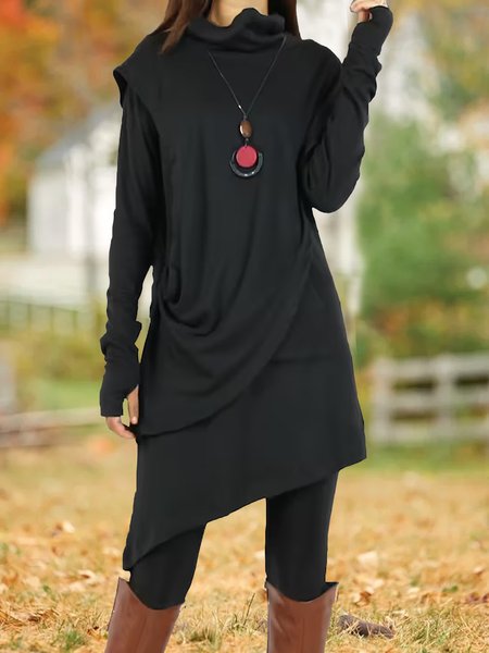 

Long Sleeve Turtleneck Asymmetric Tunic Dress, Black, Dresses