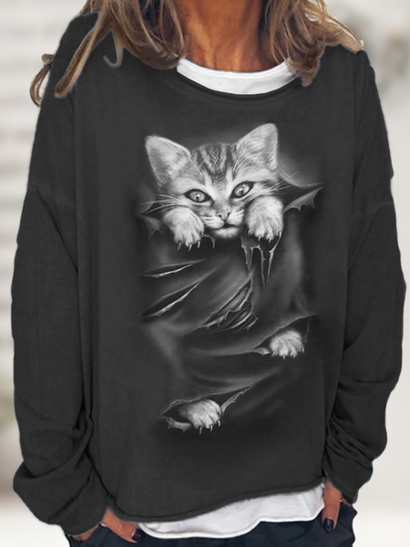 

Women's Black Cat Print Crew Neck Off Shoulder Sleeve Casual Sweatshirt, Deep gray, Hoodies&Sweatshirts