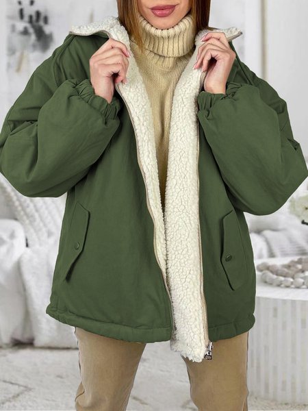 

Loose Casual Hoodie Plain Teddy Jacket, Green, Coats