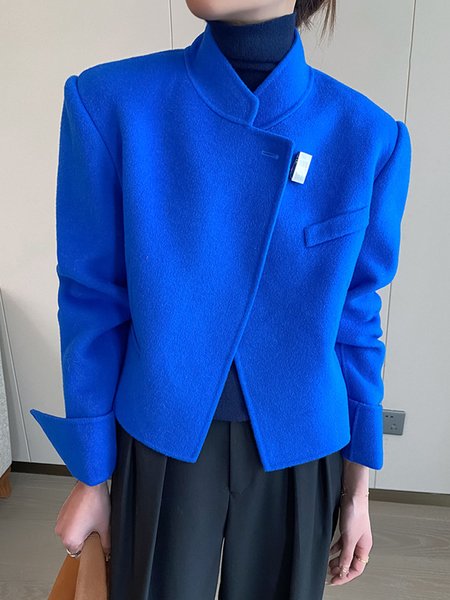 

Plain Elegant Simple Stand Collar Jacket, Blue, Jackets