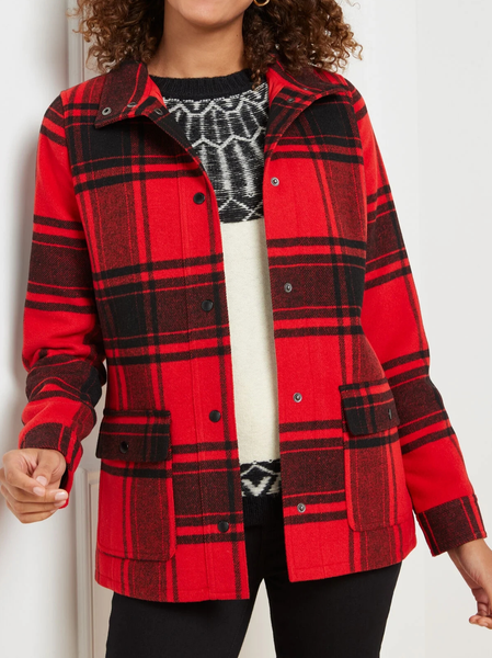 

Red Plaid Woolen Shawl Collar Loose Jacket, Outerwear