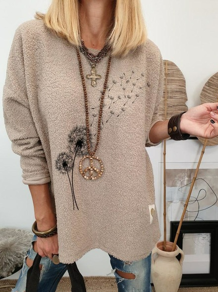 

Teddy Velvet Dandelion Embroidered Loose Sweatshirt, Khaki, Hoodies & Sweatshirts