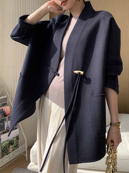 

Daily Long sleeve Loose V Neck Plain Simple Overcoat, Dark blue, Coats