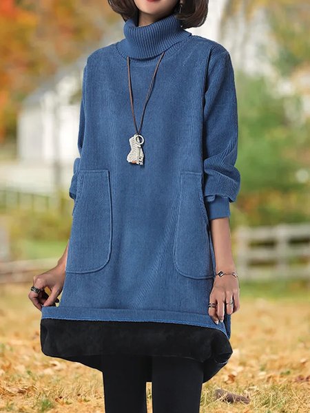 

Thickened Thermal Corduroy Turtleneck Long Sleeve Dress, Blue, Mini Dresses
