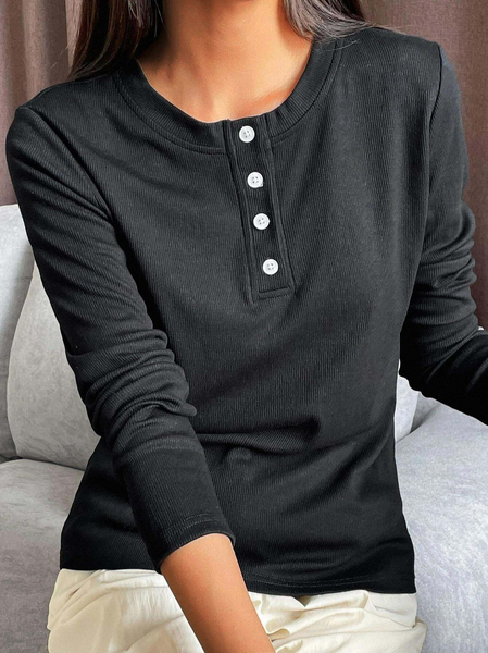 

Casual Plain Crew Neck Buttoned Top, Black, Tops