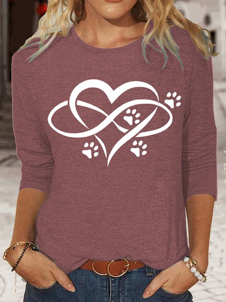 Women's Dog Paw Print Heart Casual Top, Rose red, Long sleeves