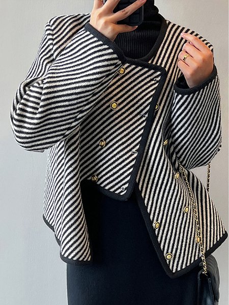 

Striped Elegant Crew Neck Double Breasted Jacket, Black, Jackets
