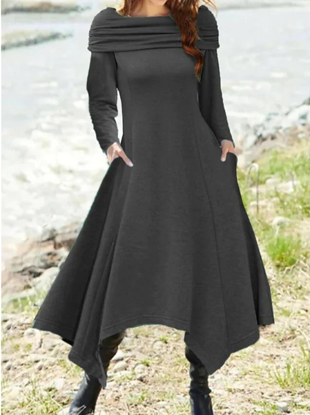 

Women's Midi Dress Gray Long Sleeve Pure Color Ruched Winter Fall Crew Neck Stylish Casual Fall Dress, Dresses