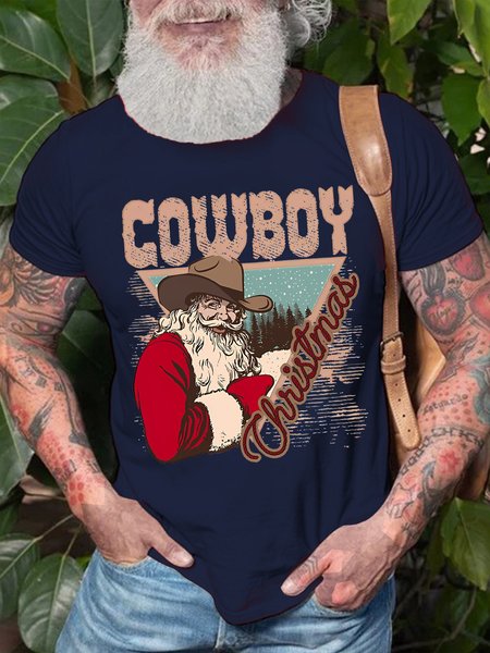

Men's Cowboy Christmas Santa Funny Graphics Print Loose Casual Crew Neck Cotton T-Shirt, Purplish blue, T-shirts