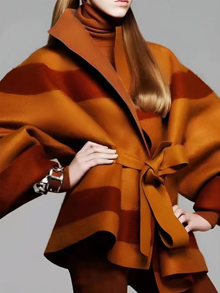 

Loose Regular Size Natural Asymmetrical Overcoat, Stripe, Coats