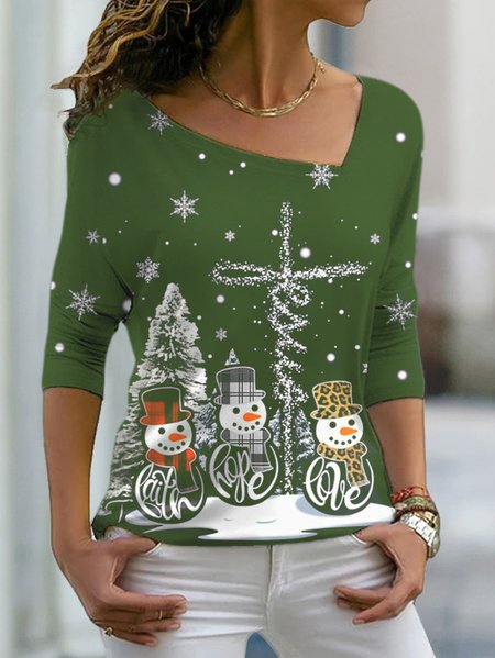 

Women's Black long sleeve Tee Snowman Christmas Tree Printed T-shirts, Green, T-Shirts