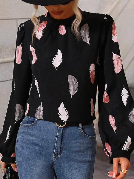 

Casual Feather Pattern Loose Top, Black, Blouses & Shirts