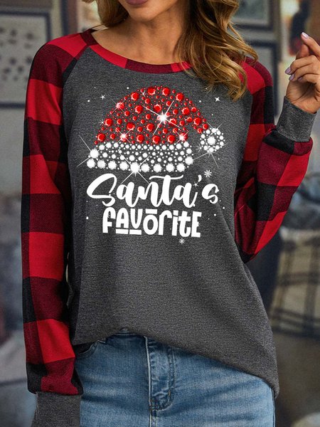 

Women’s Santa’s Favorite Hat Casual Christmas Polyester Cotton Top, Gray, Long sleeves