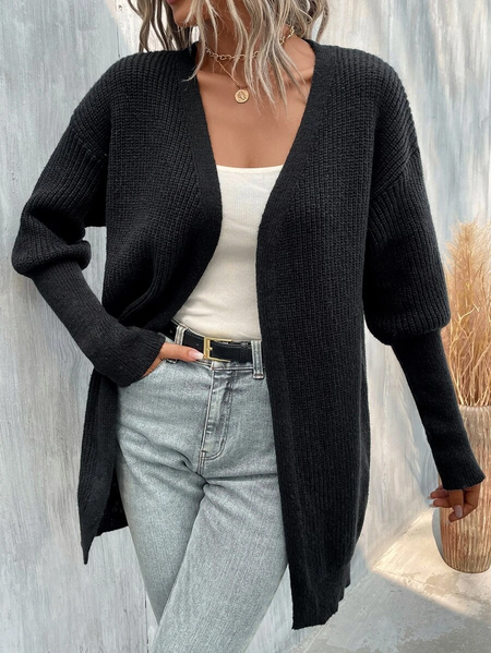 

Casual Cross Neck Yarn/Wool Yarn Sweater Coat, Black, Outerwear