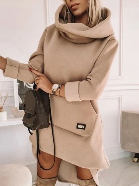 

Regular Fit Plain Casual Turtleneck Dress, Khaki, Mini Dresses