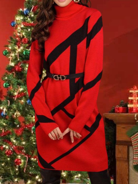 

Regular Fit Geometric Casual Turtleneck Dress, Red-black, Dresses